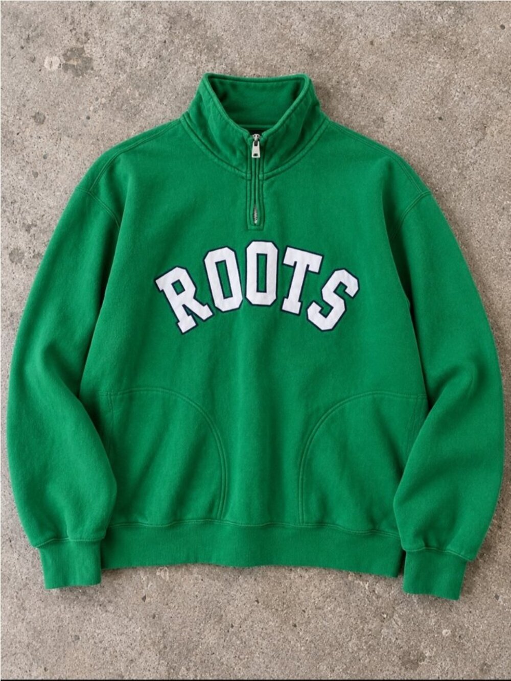 Roots Quarter Zip Sweatshirt Logo Men Small Green Pullover Organic Cotton Preppy
